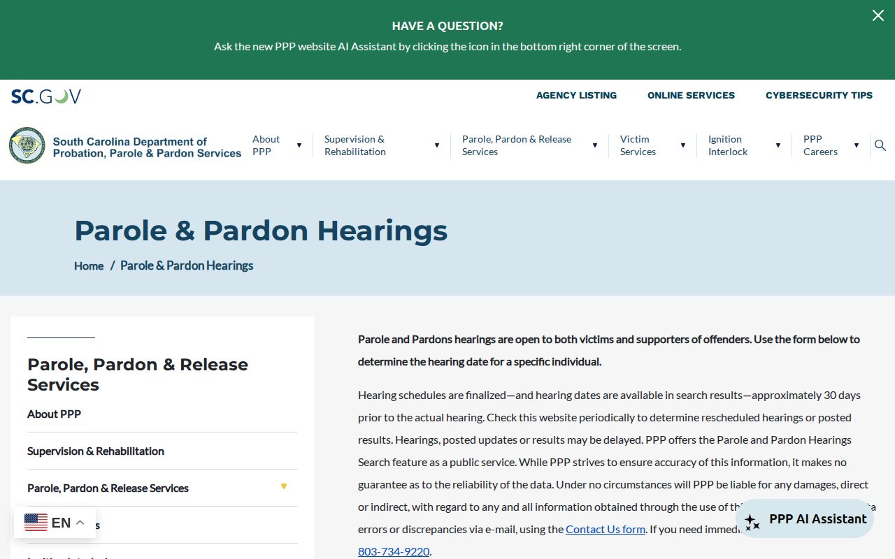 Allendale County parole hearing and release result search