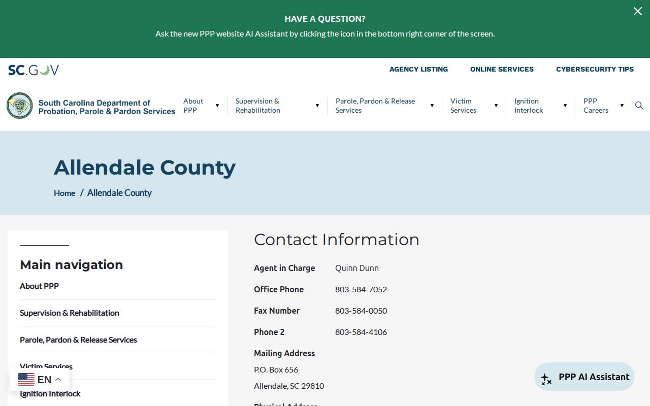 Allendale County parole and probation office record