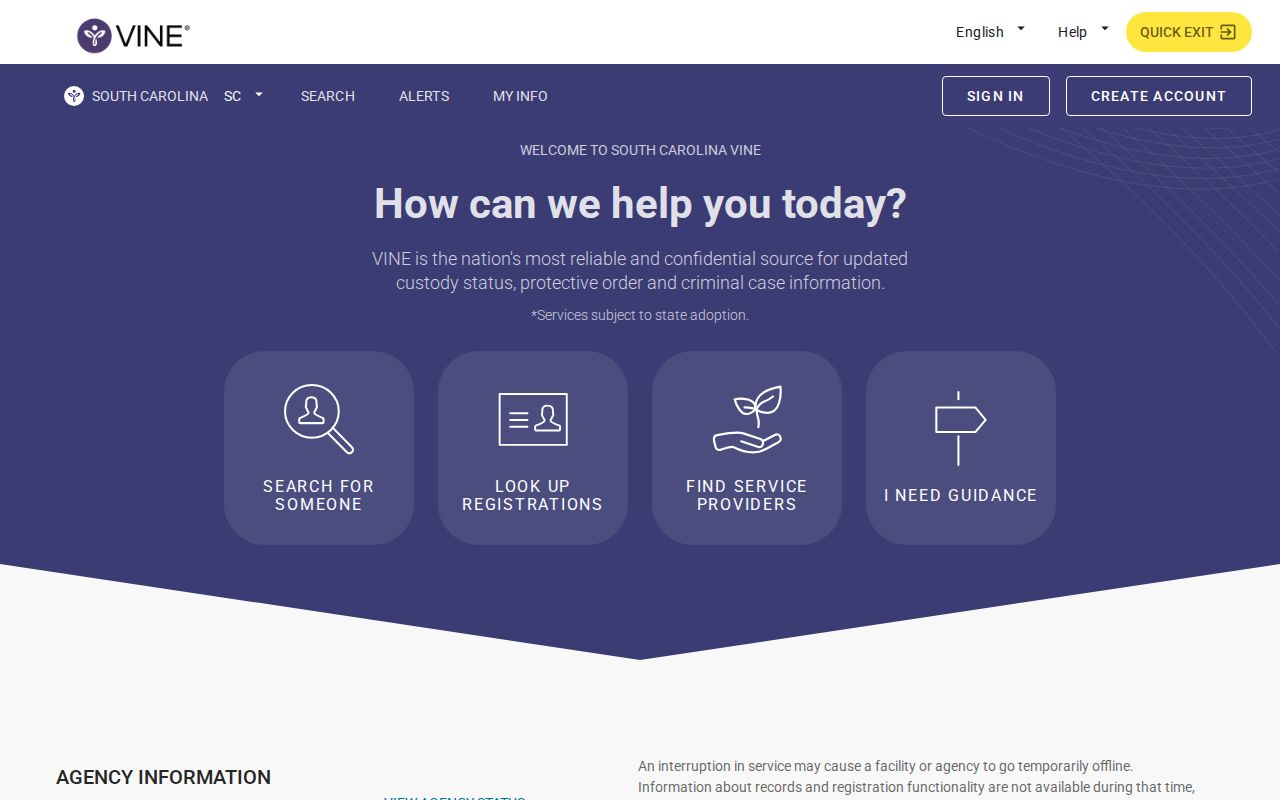 South Carolina VINELink person search interface for SC SAVIN